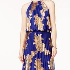 MSK Pleated Blue Gold Dress Gown